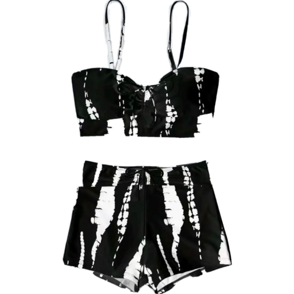 Boho Tie Dye 2 Piece Drawstring Accent Wireless Top Shorts Bikini Swim Swimsuit - Picture 1 of 16
